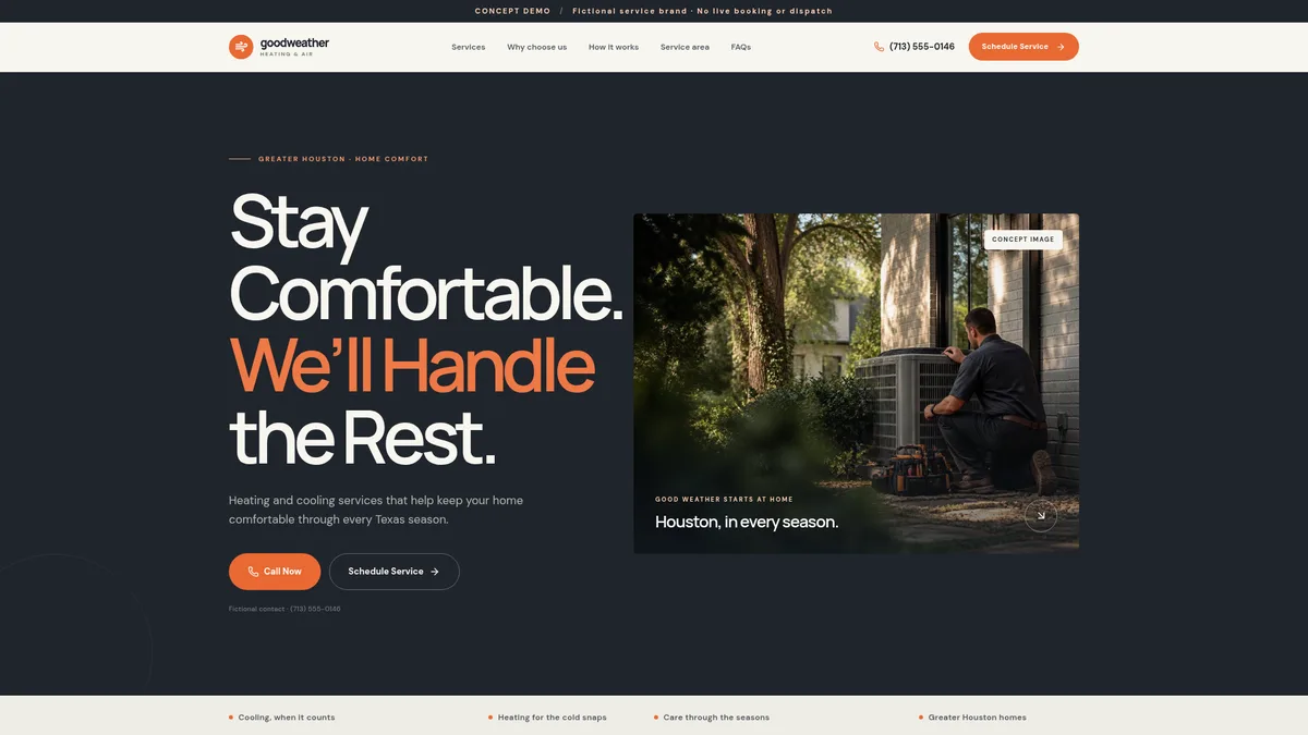 Goodweather Heating and Air demo with an orange-accented headline and an HVAC technician photograph.