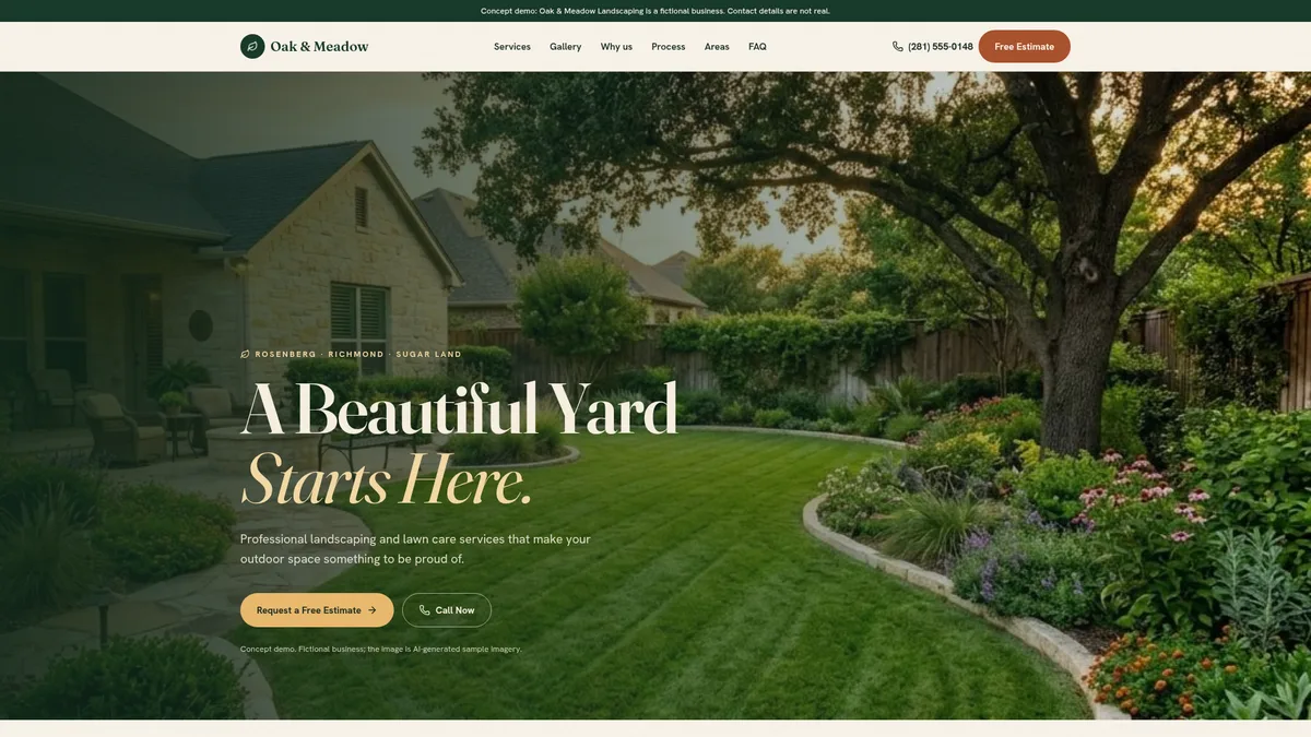 Oak and Meadow Landscaping demo with a landscaped garden and the headline A Beautiful Yard Starts Here.